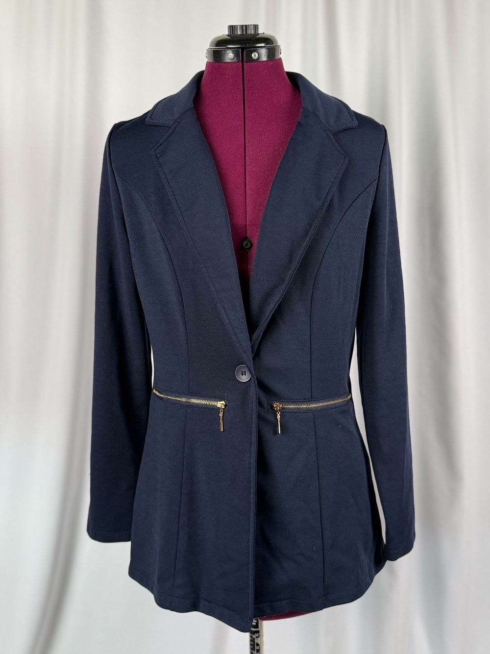 Women's Navy Single-Button Knit Blazer with Zip Pockets